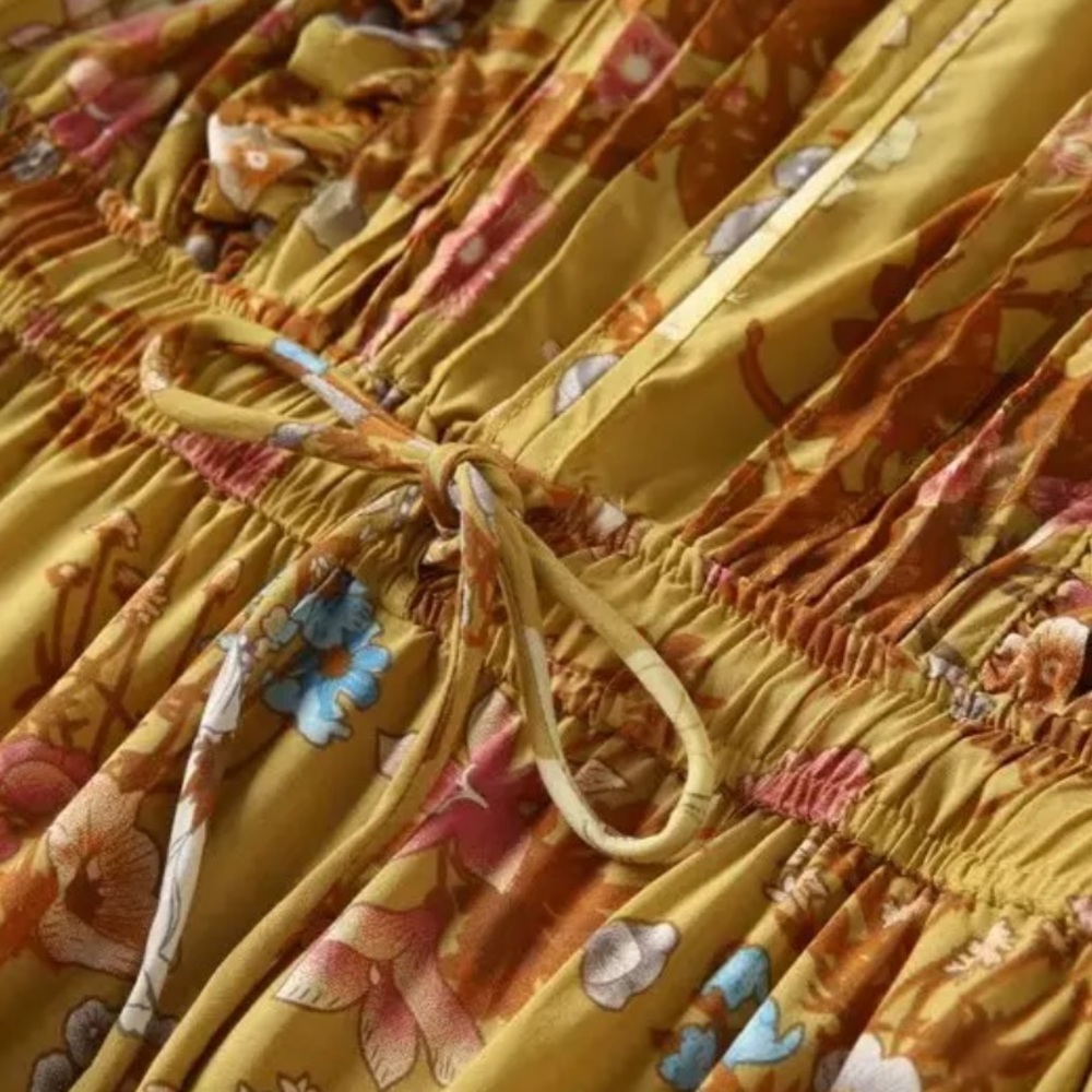 Boho 60’s Floral Gypsy Print Ruffle Dress Yellow - Picture 9 of 12